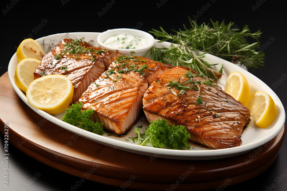 Seared to perfection, a juicy salmon steak boasts tender, flavorful flesh, enhanced by a zesty lemon sauce and fresh herbs