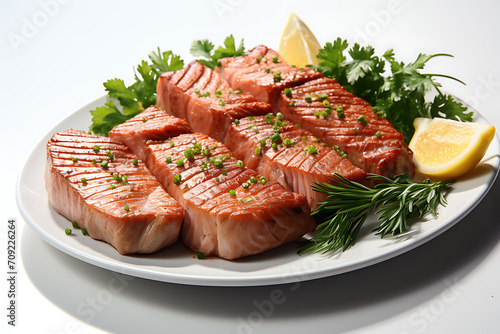 Seared to perfection, a juicy salmon steak boasts tender, flavorful flesh, enhanced by a zesty lemon sauce and fresh herbs