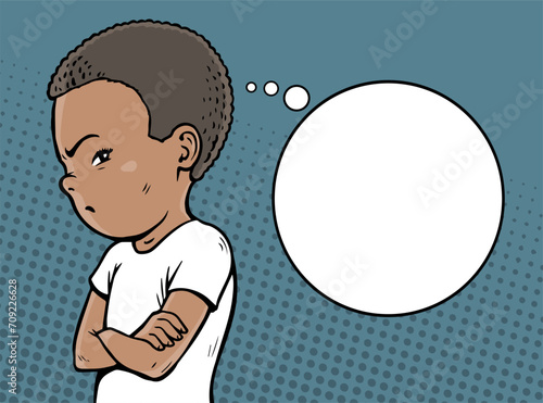 Offended little boy. Bubble for text. Stubborn pose. Dissatisfied child. Cartoon vector illustration pop art. Hand drawn line, comic style