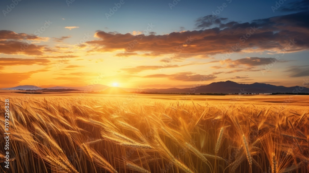 Beautiful landscape golden view of wheat field at sunny day. Generate AI image