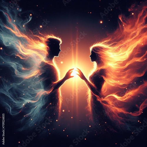 Twin flame couple. Soulmates. The concept of magical, esoteric, tantric, spiritual love. Connection between souls. Illustration for websites and much more. Created using generative ai tools.