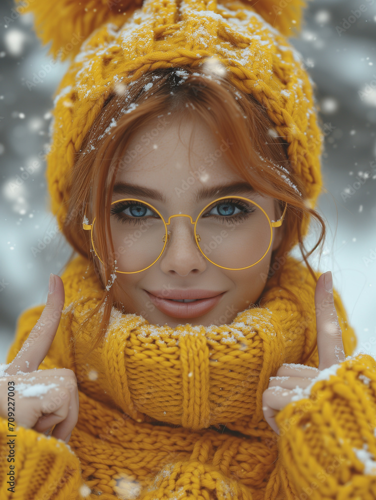 W śnieżnym otoczeniu, dziewczyna w żółtym golfie, czapce i okularach rzuca słoneczne akcenty, unosząc palce w górę. Zdjęcie przekazuje pozytywną energię w zimowej aurze. - obrazy, fototapety, plakaty 