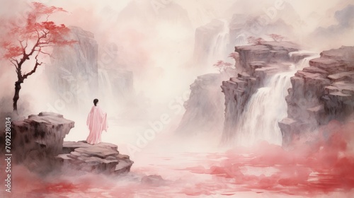 Watercolor asian girl and landscape illustration. East concept design. Neural network AI generated art