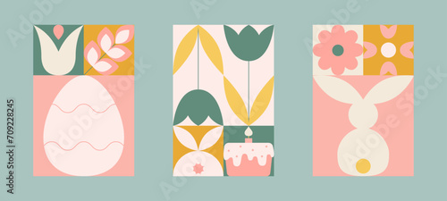 Easter geometric card set with simple bunny, egg, tulips, easter cake, flowers. Pastel color cute shapes.
