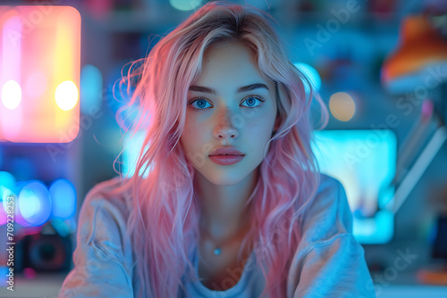 Face of pretty girl, sitting in room in neon style © River Girl