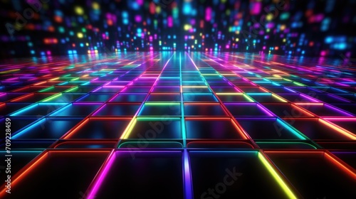 Retro Neon Grid: '80s Inspired Neon Grid on Dark Background, Vibrant Pink, Blue, Green Glow, Arcade Game Nostalgia photo