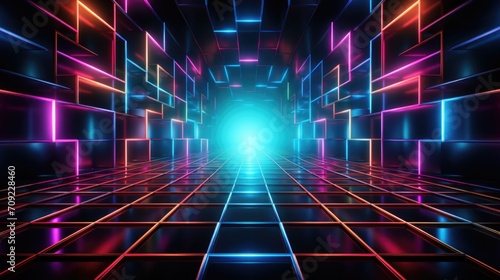 Retro Neon Grid: '80s Inspired Neon Grid on Dark Background, Vibrant Pink, Blue, Green Glow, Arcade Game Nostalgia photo