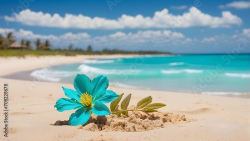 Serene Blue Flowers  Coastal Beauty with Blooming Plants on the Beach