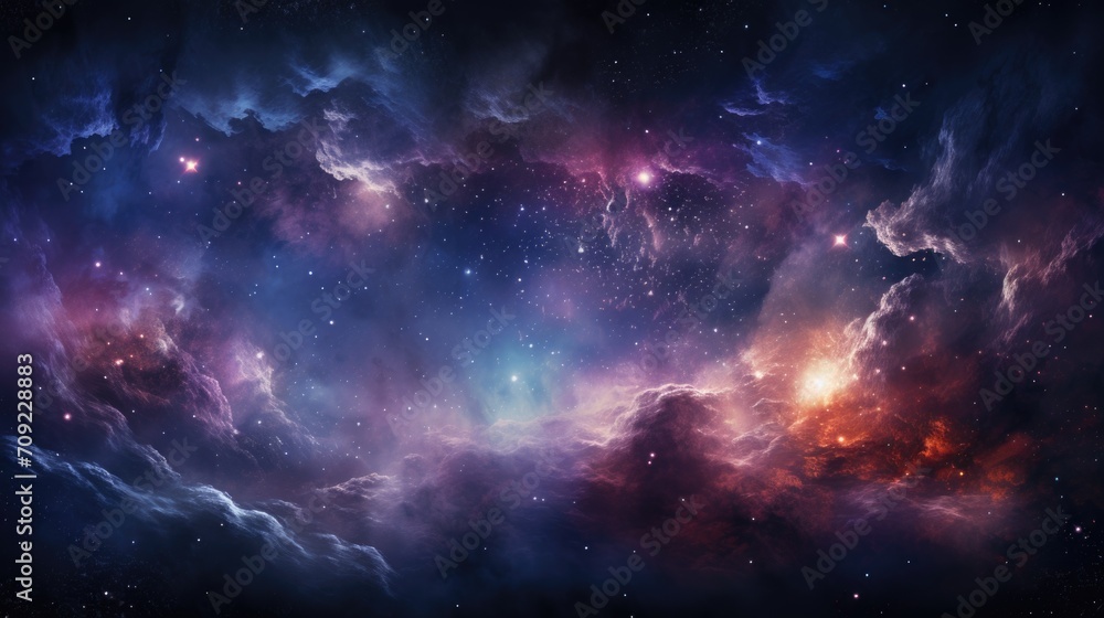 Cosmic Dust Swirl: Deep Space Imagery with Swirling Cosmic Dust, Midnight Blue and Purple Hues, Star-Dotted Galaxy Impression