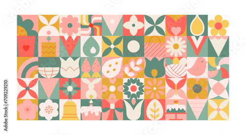 Easter geometric square bright flat banner with bunny, eggs, plants, flowers, cabdle, drop for invitation, card, wall art, background.