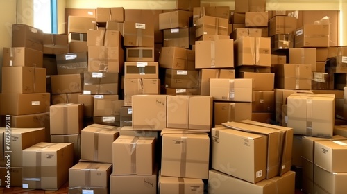 Cardboard boxes with parcels from online stores at the delivery service storehouse. Express delivery with modern accounting and distribution facilities. Optimization storage systems. © Stavros's son