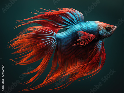 Colorful red crowntail betta fish on dark background