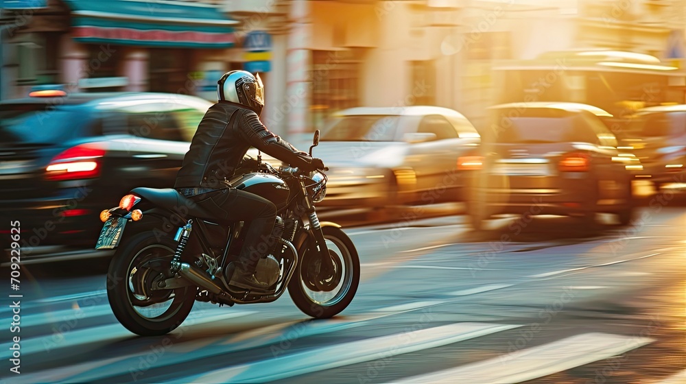 Photo captures a motorcyclist skillfully maneuvering through city streets on a powerful bike. They embody the spirit of freedom and adrenaline as they conquer obstacles and navigate urban traffic. - obrazy, fototapety, plakaty 