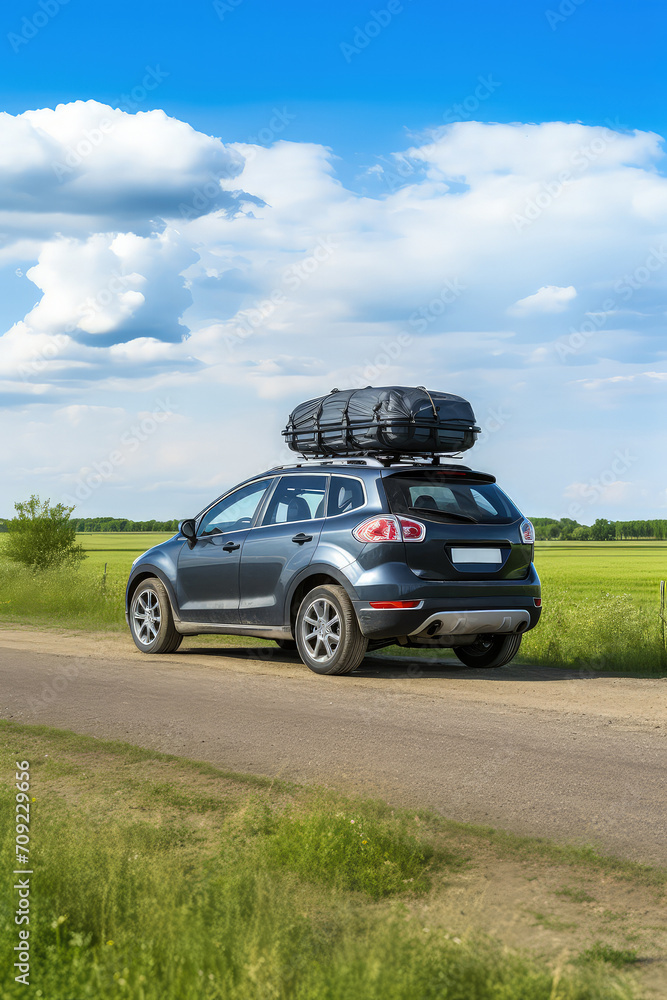 A snapshot of family wanderlust, suitcases secured on the car's rooftop.