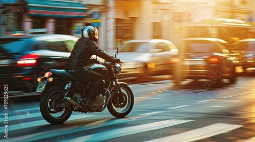 Photo captures a motorcyclist skillfully maneuvering through city streets on a powerful bike. They embody the spirit of freedom and adrenaline as they conquer obstacles and navigate urban traffic.