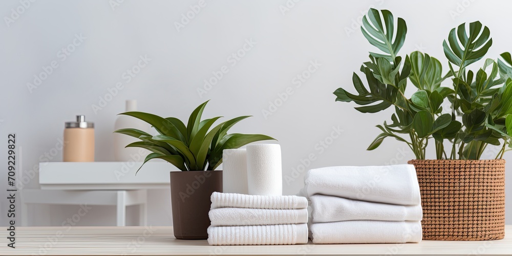 Product display montage with towels, houseplant, and white table.