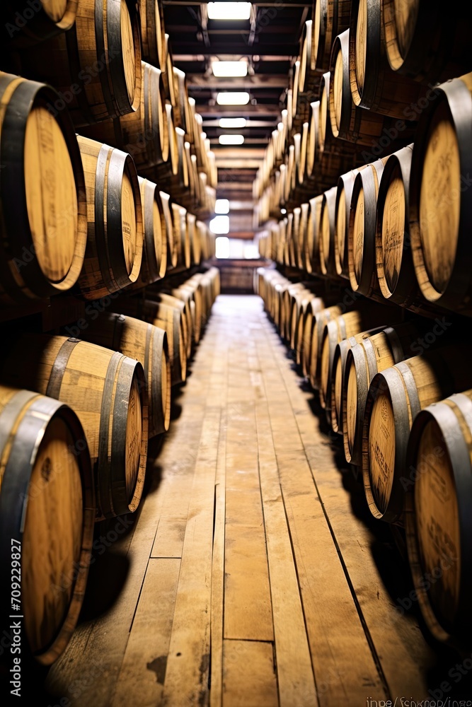 Vintage oak barrels of craft beer, whiskey, wine or brandy. Wine vaults. - obrazy, fototapety, plakaty 