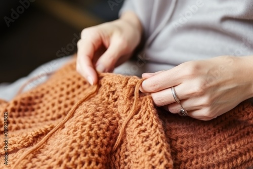 Hands of old woman in wrinkles crocheting ornament calming nerves with help of favorite hobby