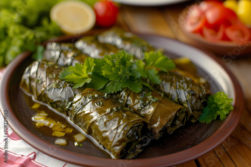Dolmades, a delectable Mediterranean dish, consist of grape leaves delicately stuffed with a flavorful mixture of seasoned rice, pine nuts, and fragrant herbs photo
