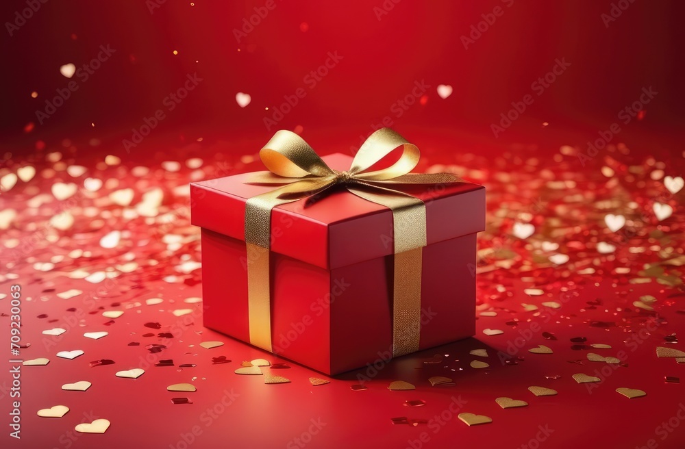 red gift boxes with a gold ribbon stand on a red background, blurred confetti and stars fly in the air