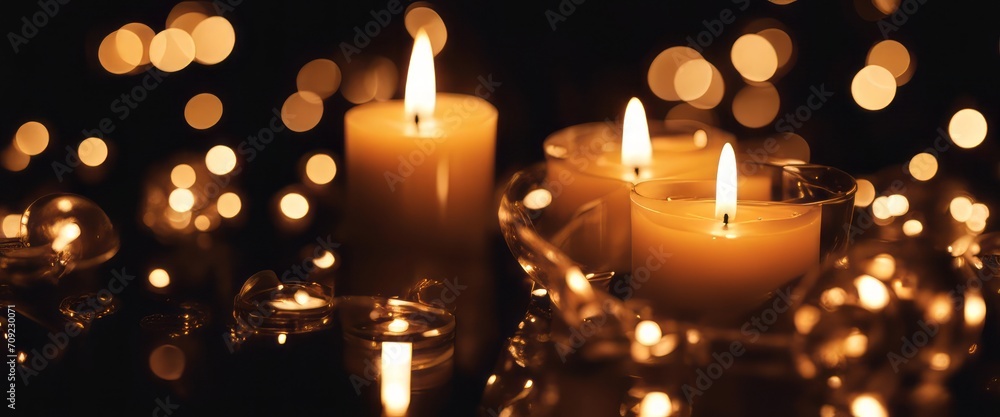 closeup of burning candles on abstract black background, contemplate celebration mood with blurry closeup of burning candles on abstract black background, contemplate celebration mood with blurry