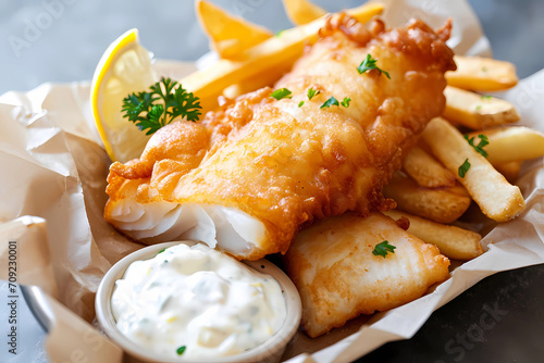 A classic British culinary delight, fish and chips features succulent, flaky cod or haddock enveloped in a golden, crispy beer batter, accompanied by a generous portion of thick-cut