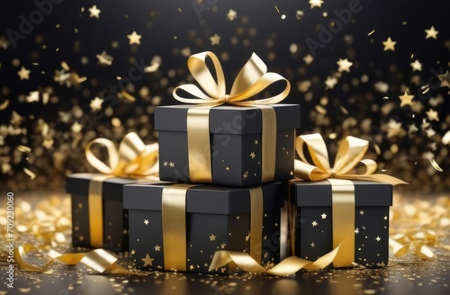 black gift boxes on a dark background, blurred confetti and stars flying in the air