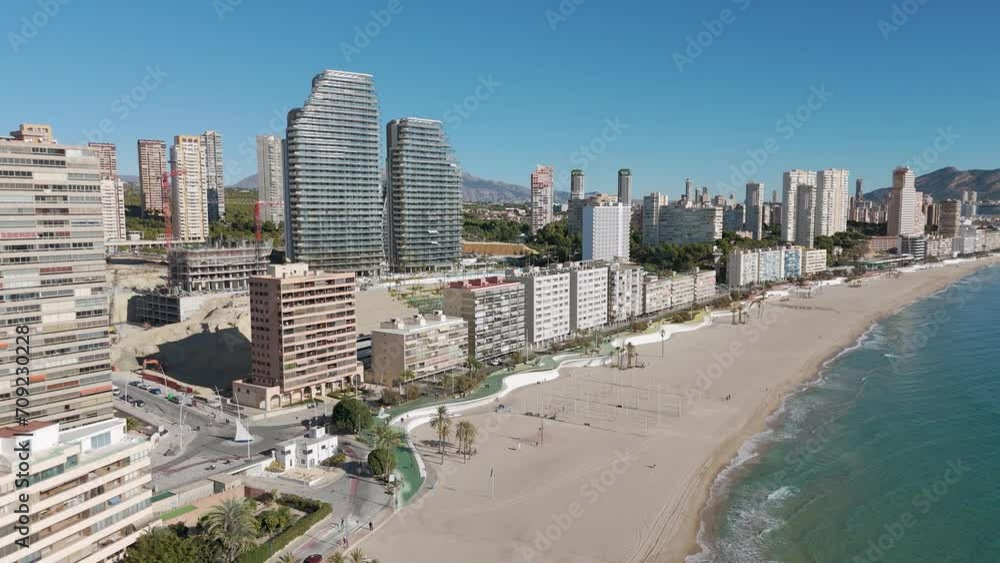 Static drone view of Benidorm beach, promenade and skyscrapers Static drone view of Benidorm beach, promenade and skyscrapers
