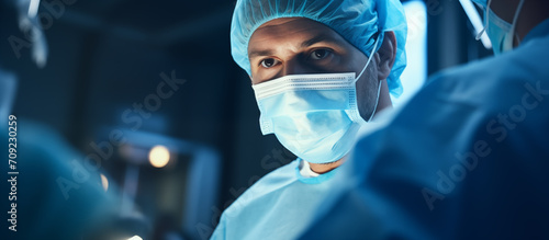 Surgeon performing microsurgery in blue uniform in OR with lighting effect, Eye surgery, Brain surgery or cosmetic surgery using medical technology. 
