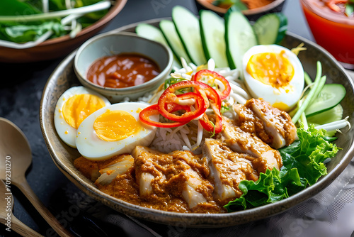 Gado-gado, a traditional Indonesian dish, is a vibrant and colorful salad made with a medley of blanched vegetables, tofu, and hard-boiled eggs, generously drenched in a luscious peanut sauce 