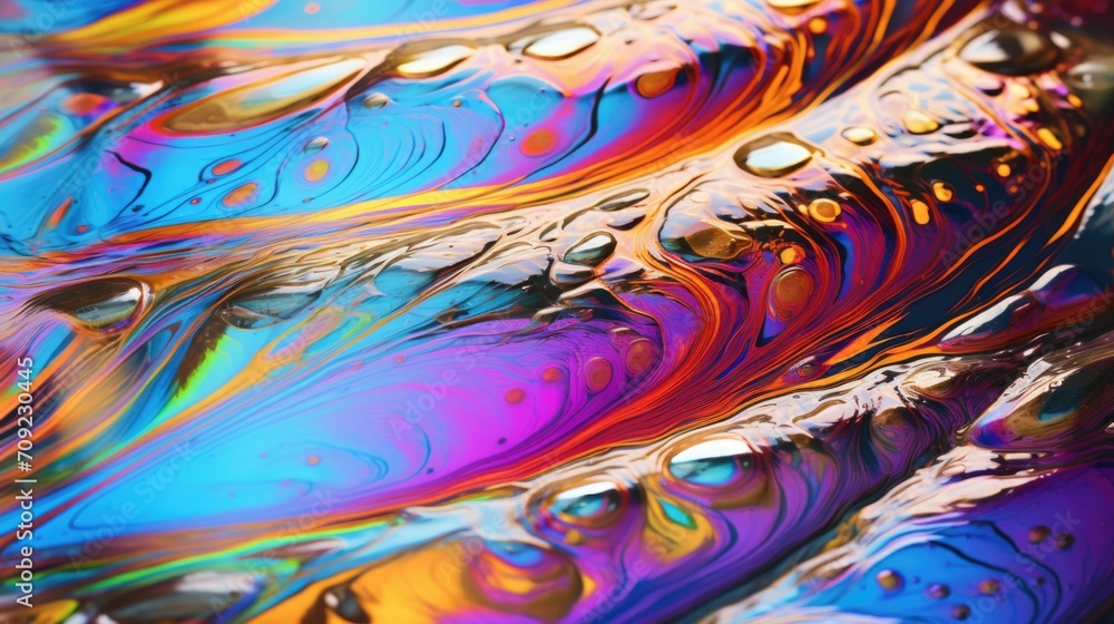 Fototapeta premium Rainbow Oil Slick: Iridescent Sheen Mimicking Oil on Water with Shifting Rainbow Colors