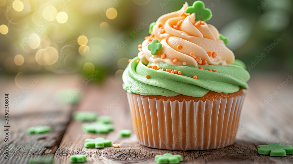 custom made wallpaper toronto digitalDelicious decorated cupcake with clover on wooden table, space for text. St. Patrick's Day celebration