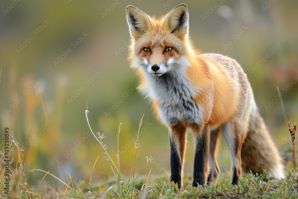 A red fox adopts a focused hunting stance, its keen eyes fixed on potential prey