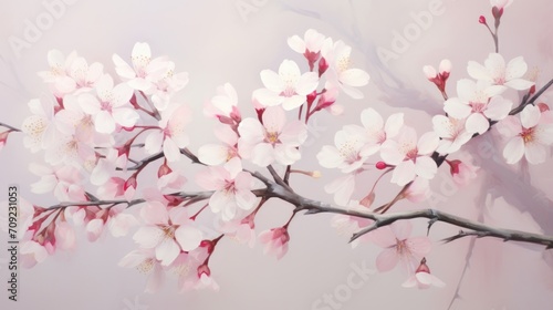 Blooming Cherry Blossoms: Delicate Pink and White Cherry Blossoms Against Soft Pastel Background, Spring Beauty © TETIANA