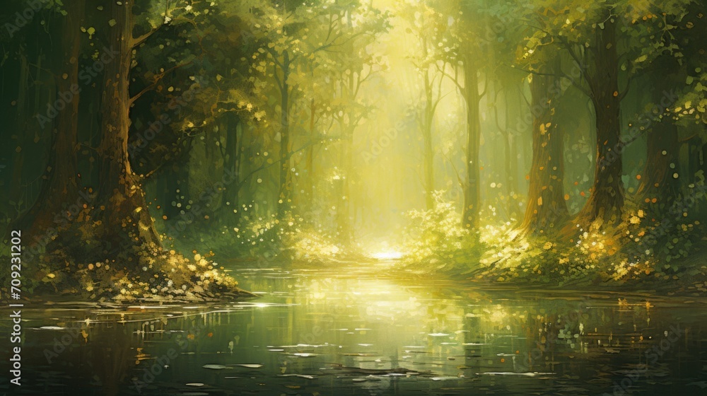 Obraz premium Whispering Woods: Sunlit Serenity in Green