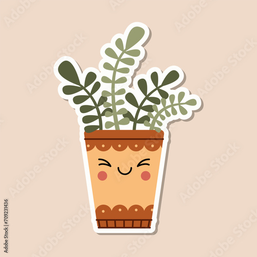 Cute sticker succulent with funny face in pot. Funny character in style of kawaii. Plant sticker  template for children  for scrapbooking  applications