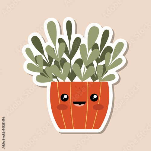 Cute sticker succulent with funny face in pot. Plant sticker  template for children