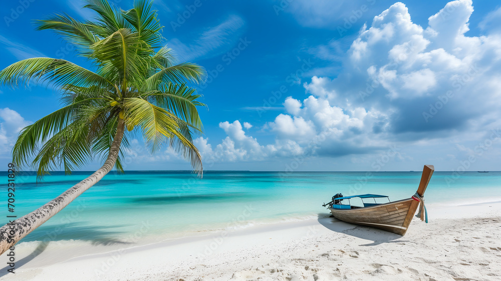 Paradise island scenery with white sandy beach, coconut palm, turquoise water and wooden boat. 