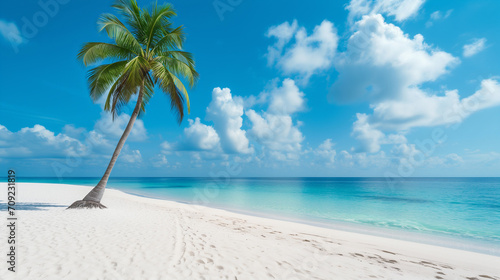 Paradise island scenery with white sandy beach, coconut palm and turquoise water. © Nonna