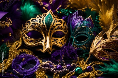 "An up-close shot of Mardi Gras-themed decorations, revealing the fine details and vibrant color palette."
