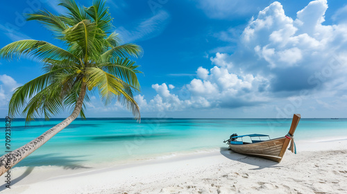 Paradise island scenery with white sandy beach, coconut palm, turquoise water and wooden boat. 