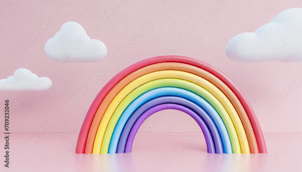 Fototapeta premium 3d baby shower, rainbow with clouds on a pink background, childish design in pastel colors