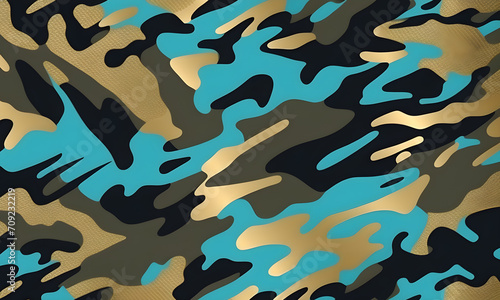 Turquoise Gold Camouflage Pattern Military Colors Vector Style Camo Background Graphic Army Wall Art Design