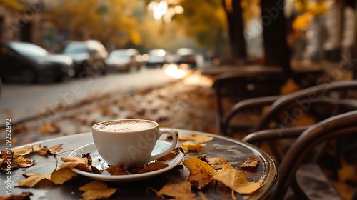 Cup of coffee on café table street view with cars and fall autumn leaves