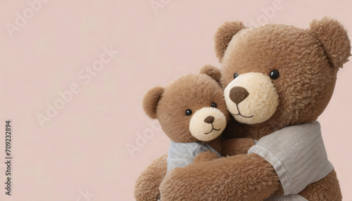 Brown baby teddy bear and mother teddy bear hugging eachother on light beige background photo