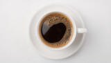 Top view of cup of coffee in white cup isolated on light gray background with copy space