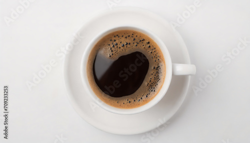 Top view of cup of coffee in white cup isolated on light gray background with copy space