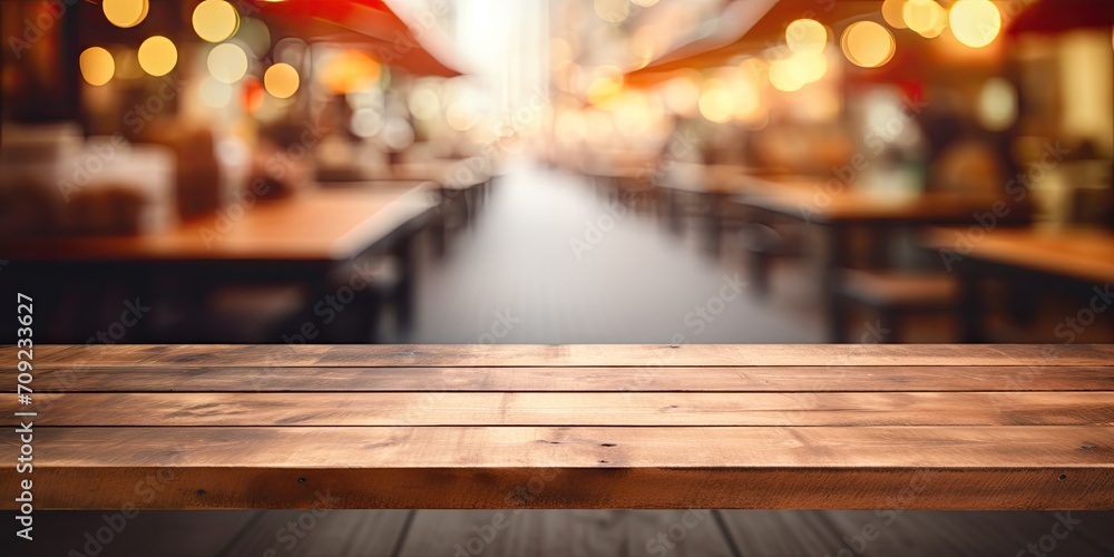 Display your products on a blurred wood table top in a market setting.