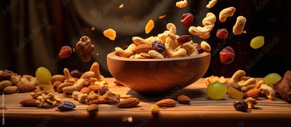 Flying dried fruits and nuts in the bowl