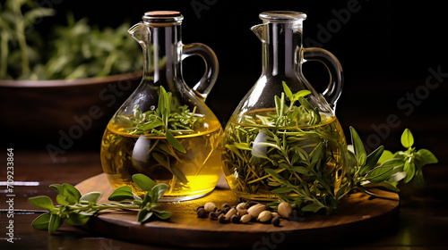 Golden olive oil and vinegar bottles with thyme and aromatic herbs leaves, Italian Mediterranean food menu commercial setup